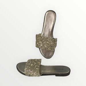 Women’s Size 9 Rhinestone Crystal Slide Sandals Gold Sparkle Flat Slip On Glam